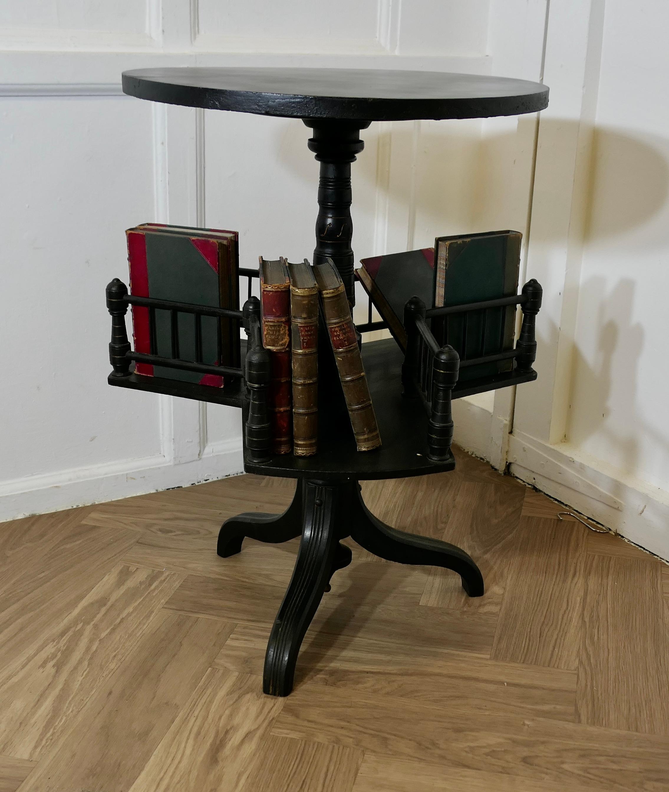 Victorian Revolving Reading Stand or Book Table

This is a very beautiful and versatile piece, the table has an easily revolving book tier with 3 book shelves just below the round top, it is set on a 3 footed leg, this is a extremely well made