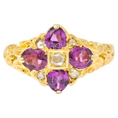 Victorian Rhodalite Garnet Rose Cut Diamond 9 Karat Gold Floral Cluster Ring