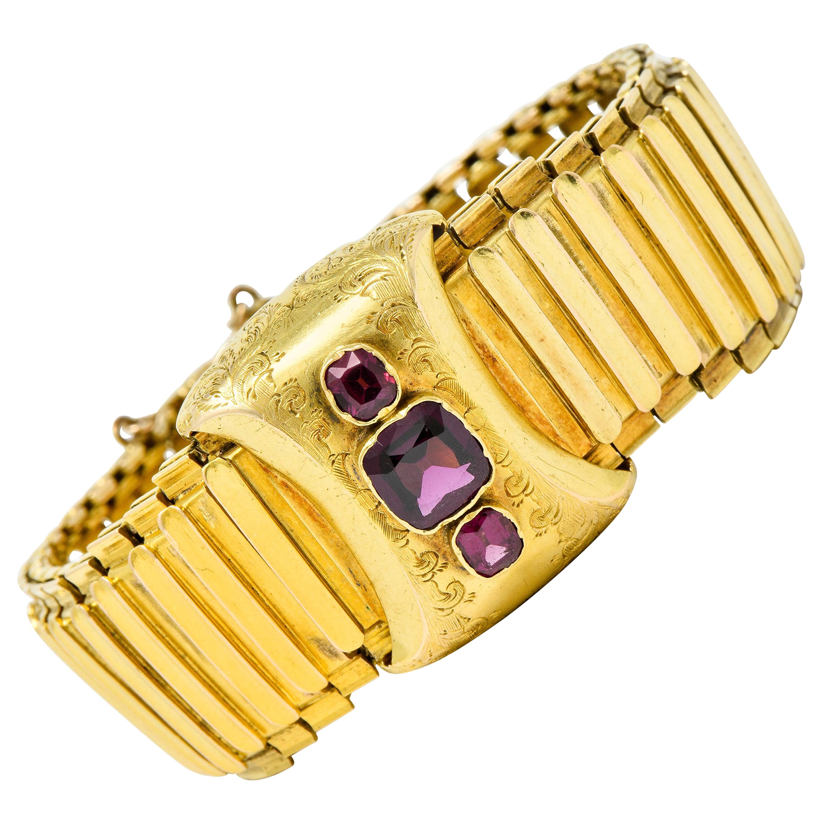 Victorian Rhodolite Garnet 14 Karat Gold Statement Bracelet