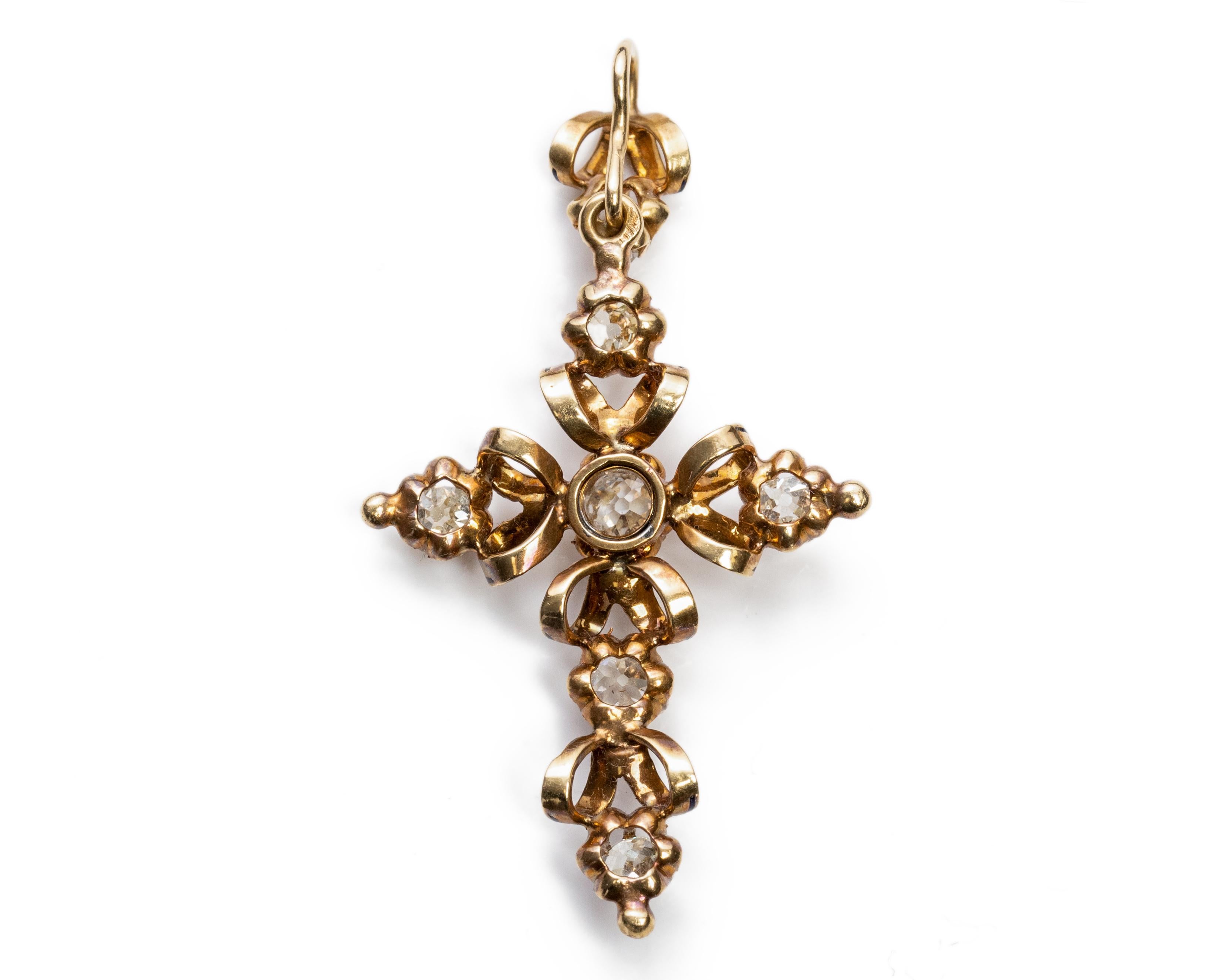 Victorian Ribbon Design French Cross with Filigree, and Old Cut Diamonds In Good Condition In Addison, TX