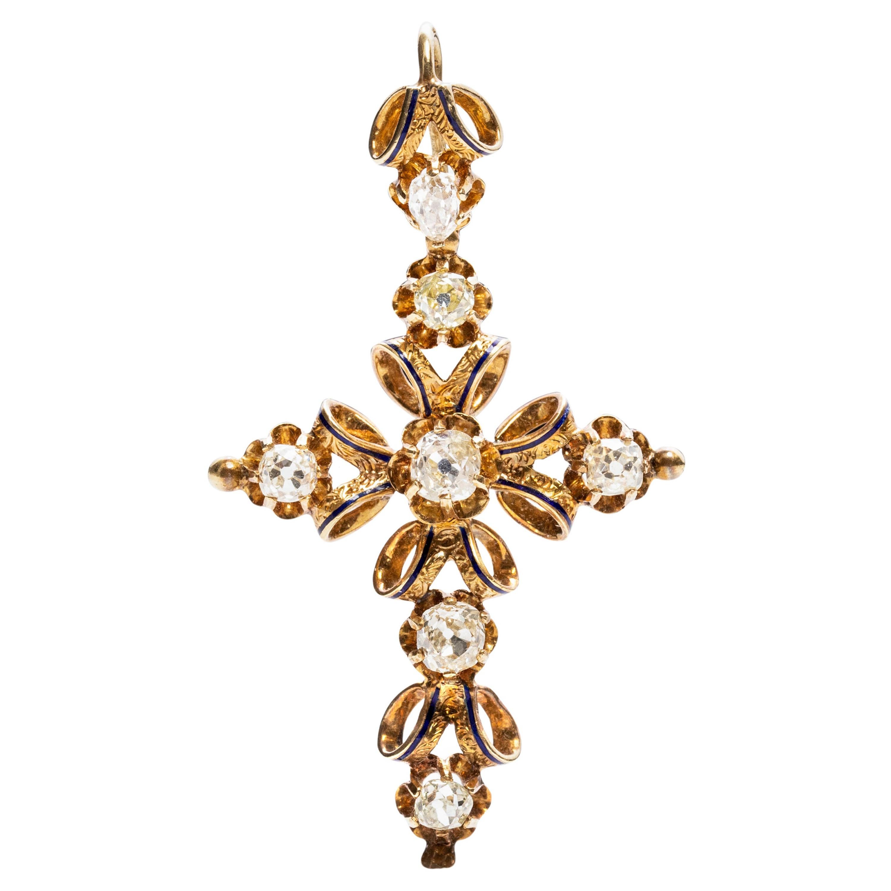 Victorian Ribbon Design French Cross with Filigree, and Old Cut Diamonds