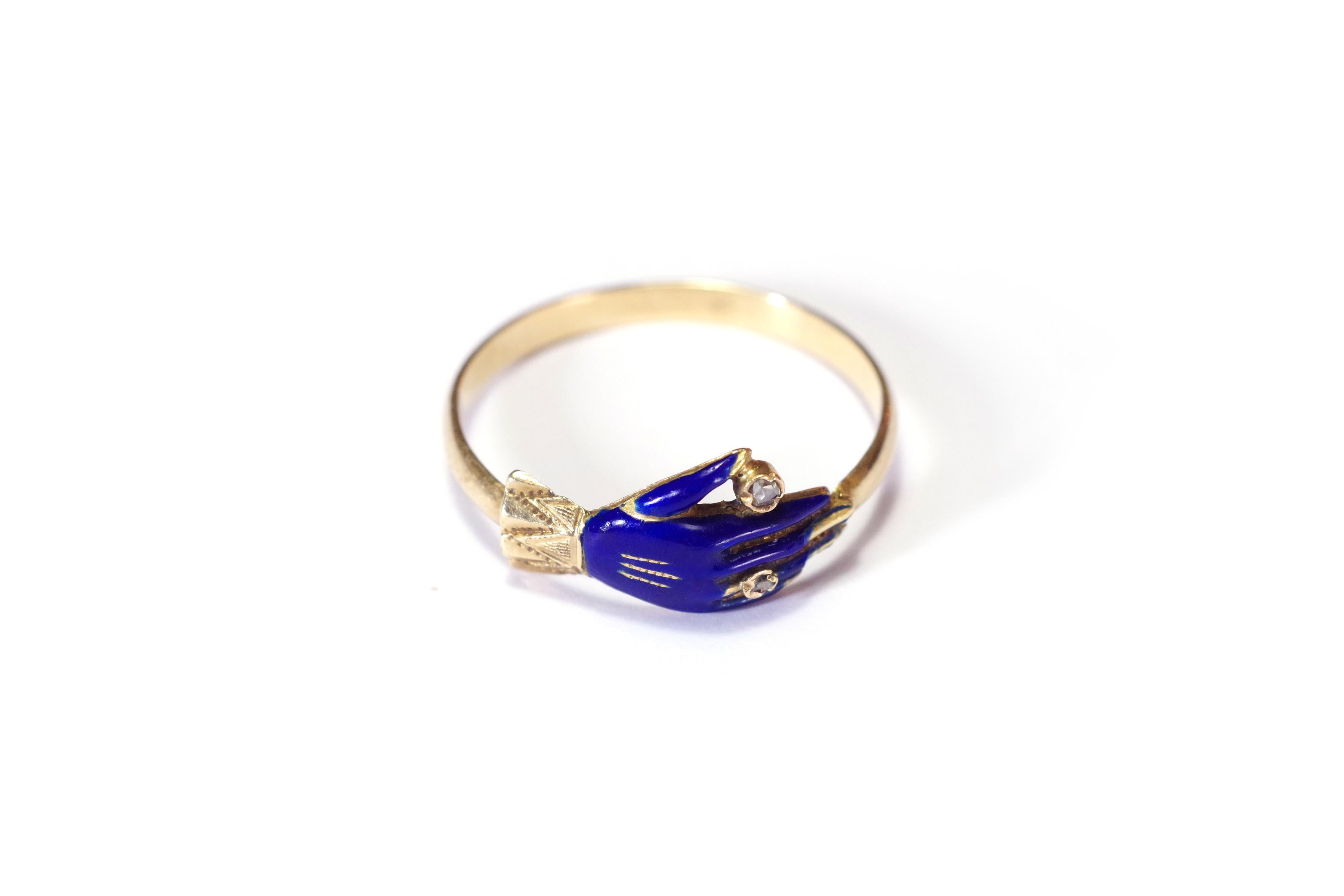 Victorian ring hand enamel diamond in yellow gold, fede ring In Fair Condition In PARIS, FR