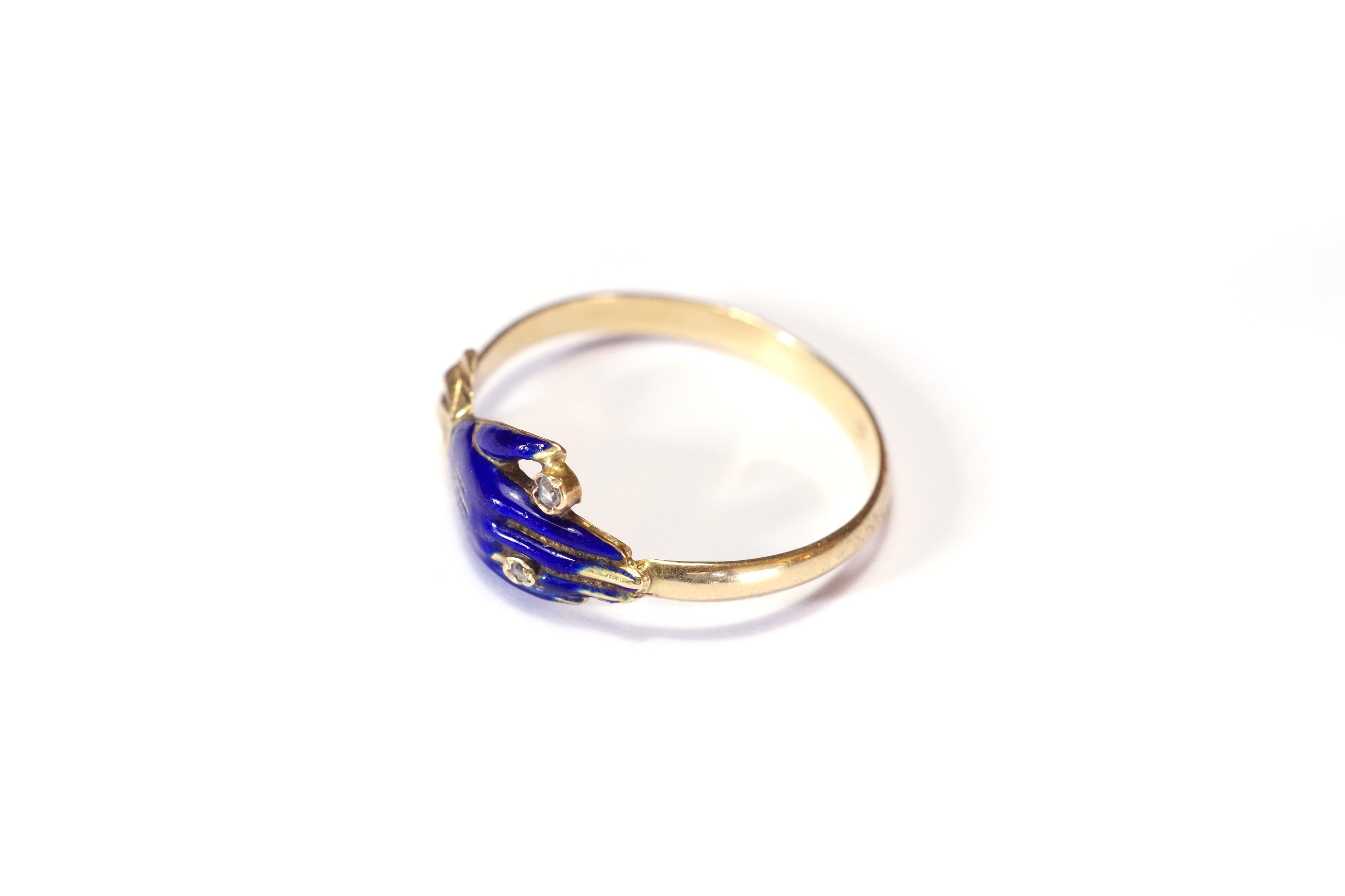 Women's or Men's Victorian ring hand enamel diamond in yellow gold, fede ring