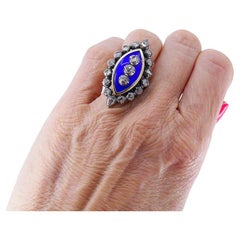 Victorian Ring Silver 18k Gold Enamel Diamond Antique Estate Jewelry
