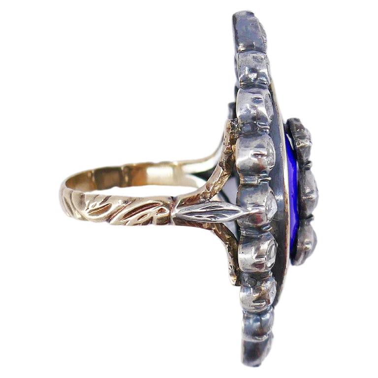 Viktorianischer Ring Silber 18k Gold Emaille Diamant Antiker Estate Jewelry (Rosenschliff) im Angebot