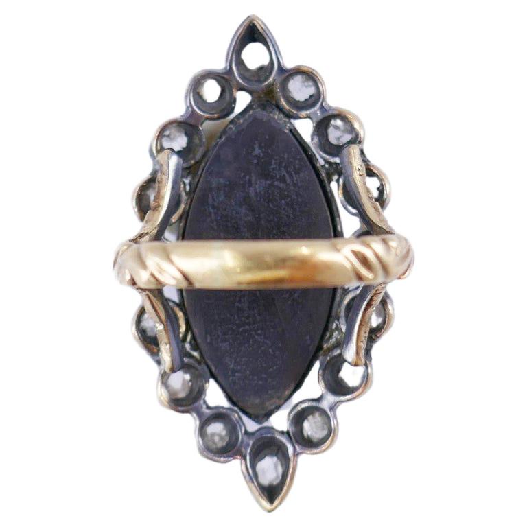 Taille rose Victorian Ring Silver 18k Gold Enamel Diamond Antique Estate Jewelry en vente