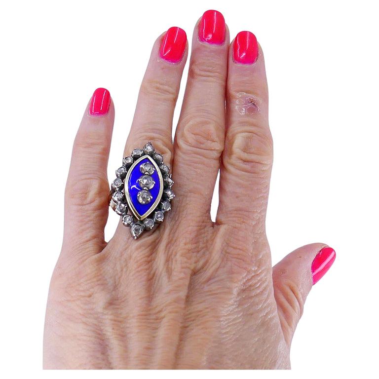 Rose Cut Victorian Ring Silver 18k Gold Enamel Diamond Antique Estate Jewelry For Sale