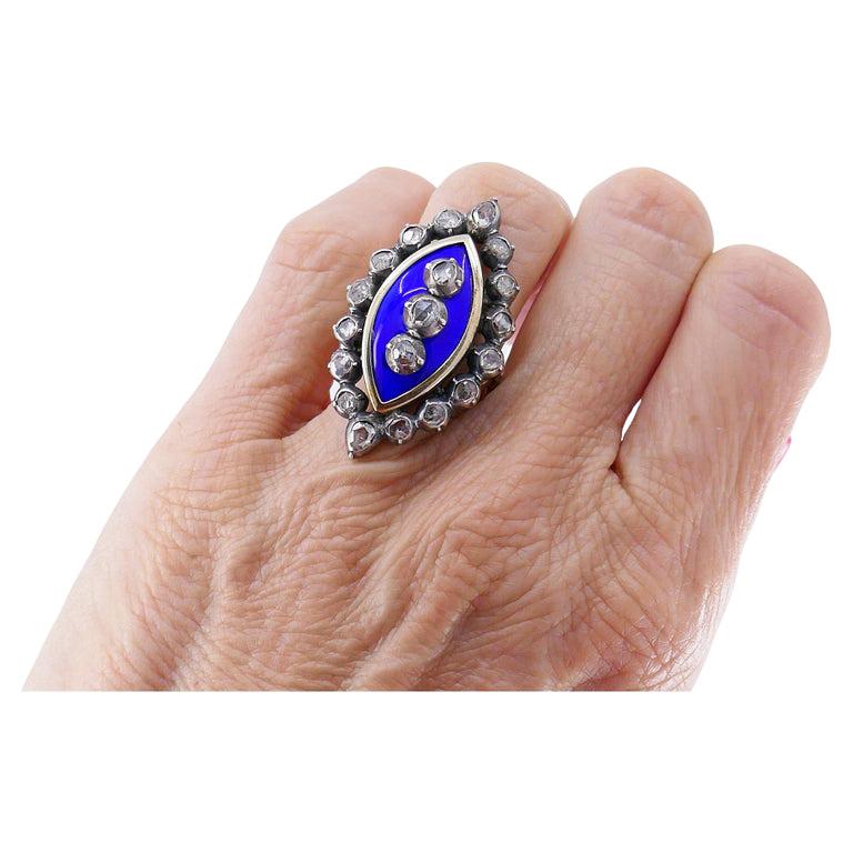 Victorian Ring Silver 18k Gold Enamel Diamond Antique Estate Jewelry In Good Condition For Sale In Beverly Hills, CA