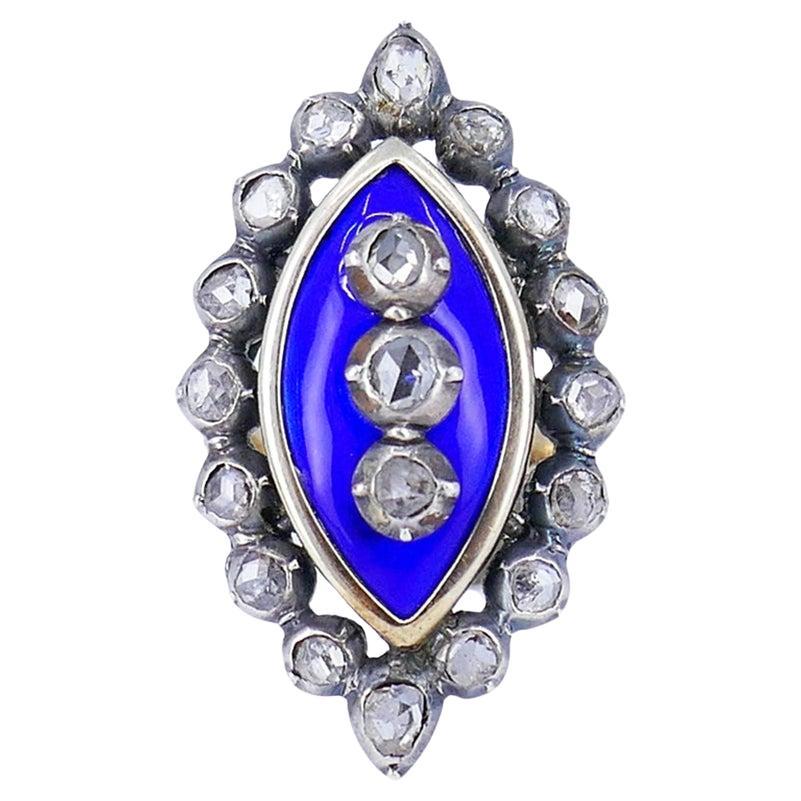 Victorian Ring Silver 18k Gold Enamel Diamond Antique Estate Jewelry en vente
