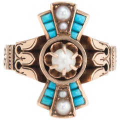 Victorian Ring Turquoise Seed Pearl 14 Karat Rose Gold Vintage Fine Jewelry