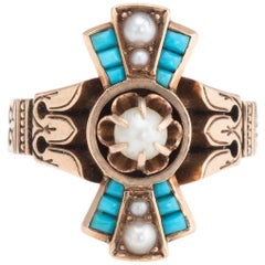 Victorian Ring Turquoise Seed Pearl 14 Karat Rose Gold Antique Fine Jewelry