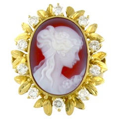 Victorian Ring with cameo and brilliant cut diamonds up to 0.72ct 18k gold
