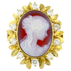 Victorian Ring with cameo and brilliant cut diamonds up to 0.72ct 18k gold