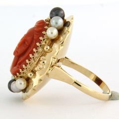 Victorian Ring with coral and pearls 14k gold 12.5 grams