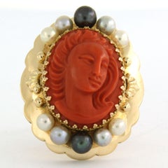 Victorian Ring with coral and pearls 14k gold 12.5 grams