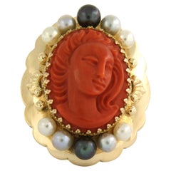 Victorian Ring with coral and pearls 14k gold 12.5 grams