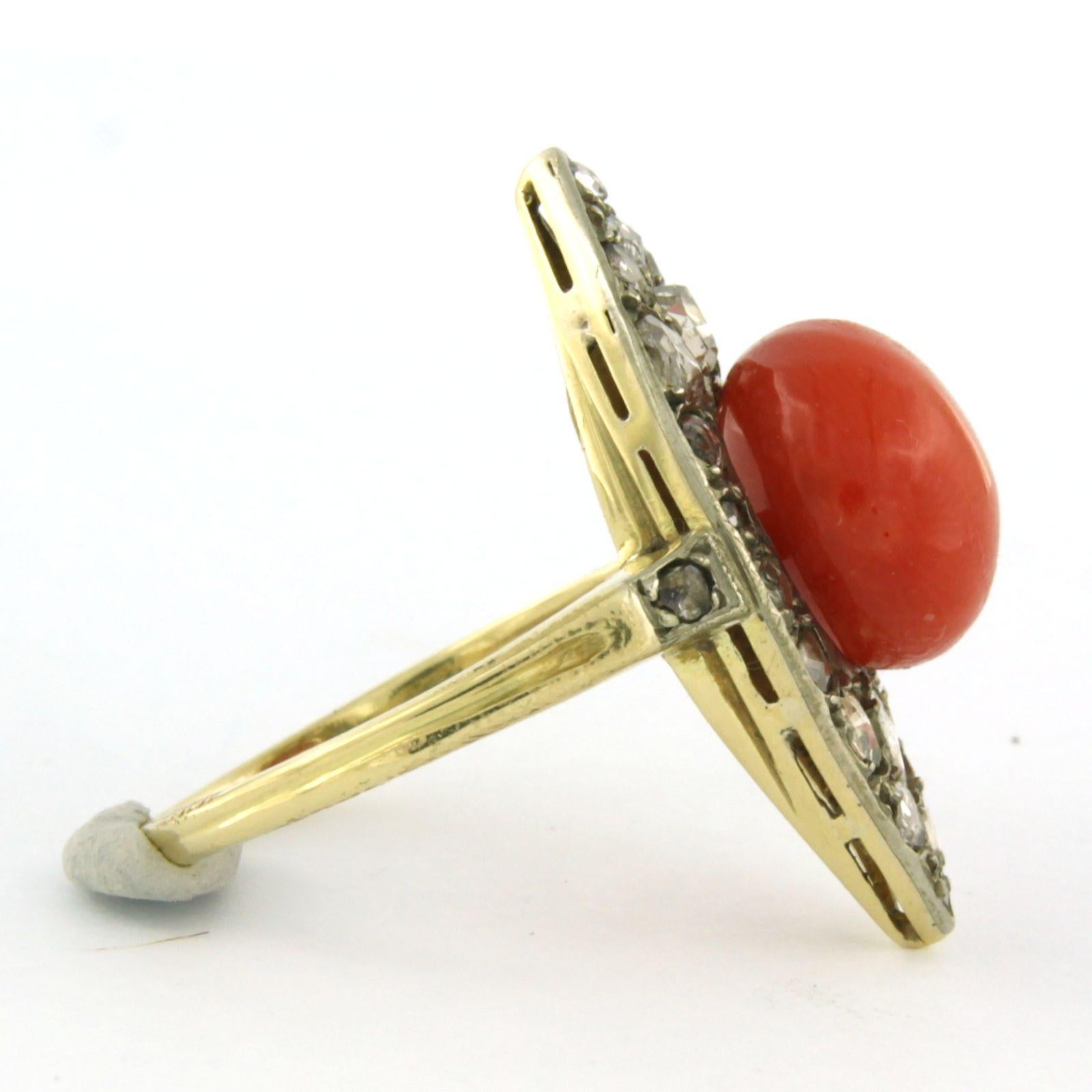 High Victorian Victorian ring with coral and rose cut diamonds up to 0.40ct 14k gold 5.9 grams For Sale