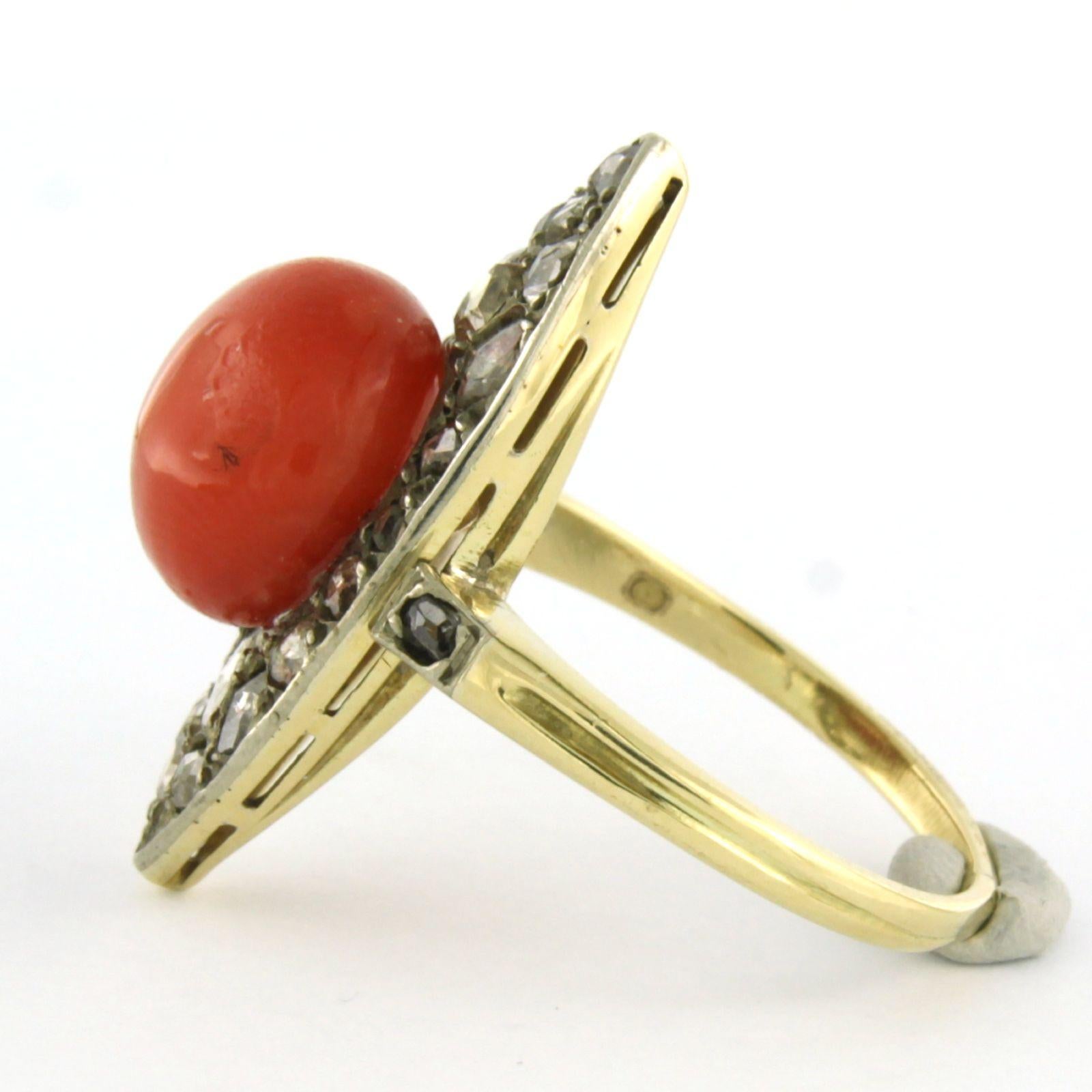 Rose Cut Victorian ring with coral and rose cut diamonds up to 0.40ct 14k gold 5.9 grams For Sale