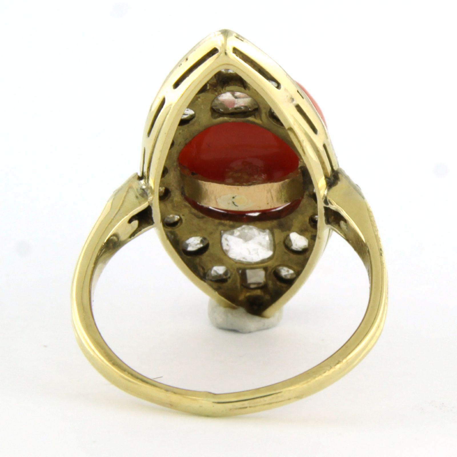 Victorian ring with coral and rose cut diamonds up to 0.40ct 14k gold 5.9 grams In Excellent Condition For Sale In The Hague, ZH