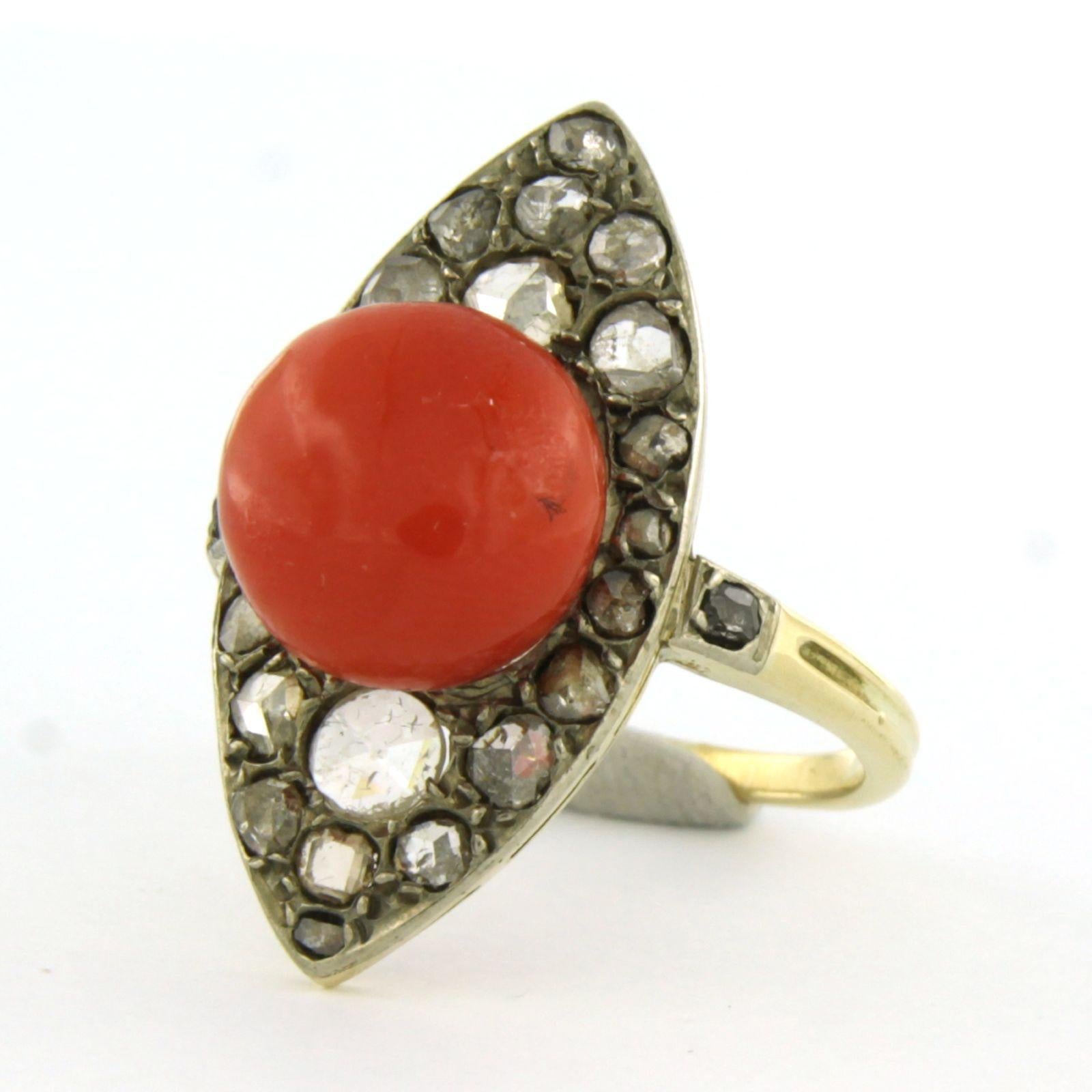 Women's Victorian ring with coral and rose cut diamonds up to 0.40ct 14k gold 5.9 grams For Sale