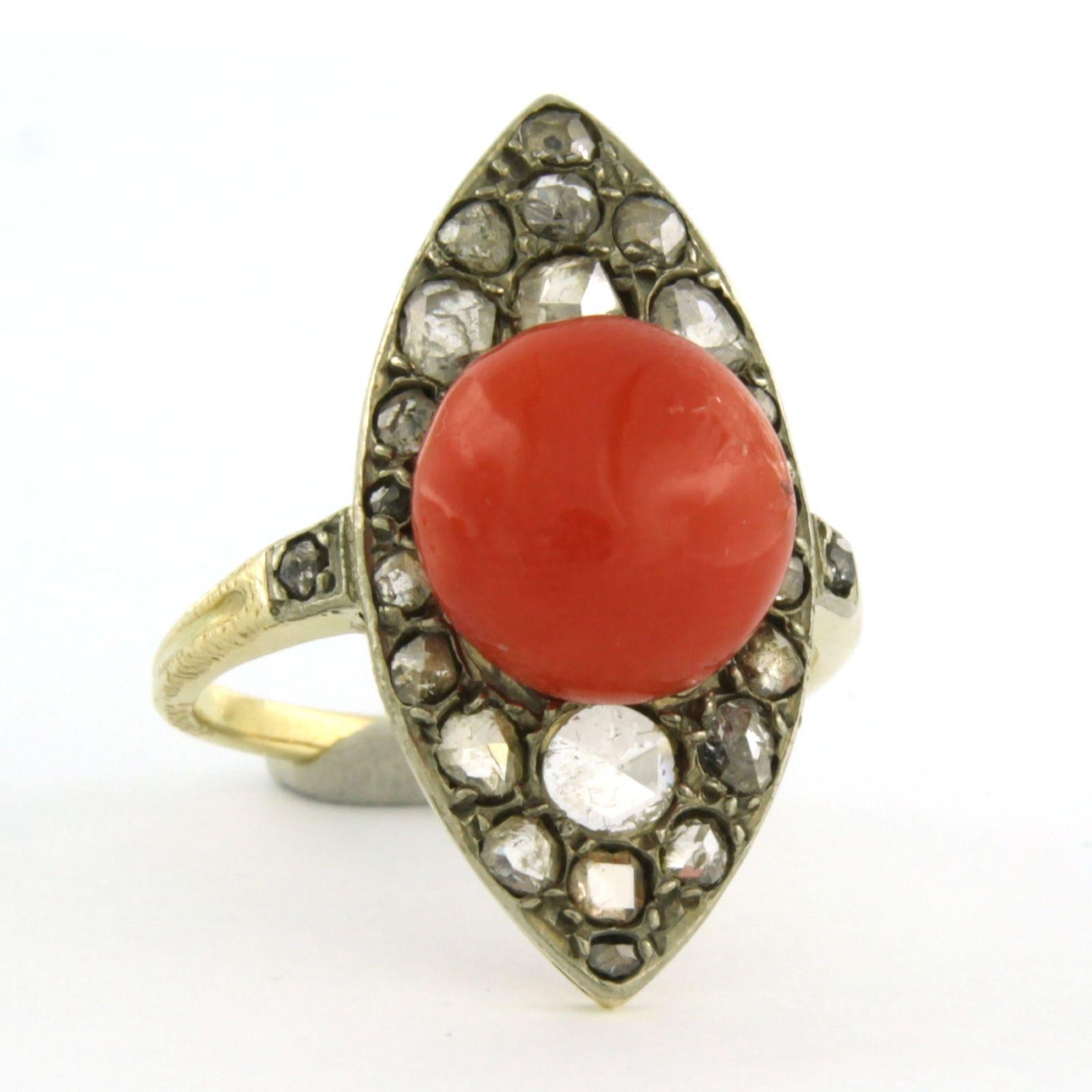 Victorian ring with coral and rose cut diamonds up to 0.40ct 14k gold 5.9 grams For Sale 1