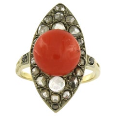Antique Victorian ring with coral and rose cut diamonds up to 0.40ct 14k gold 5.9 grams