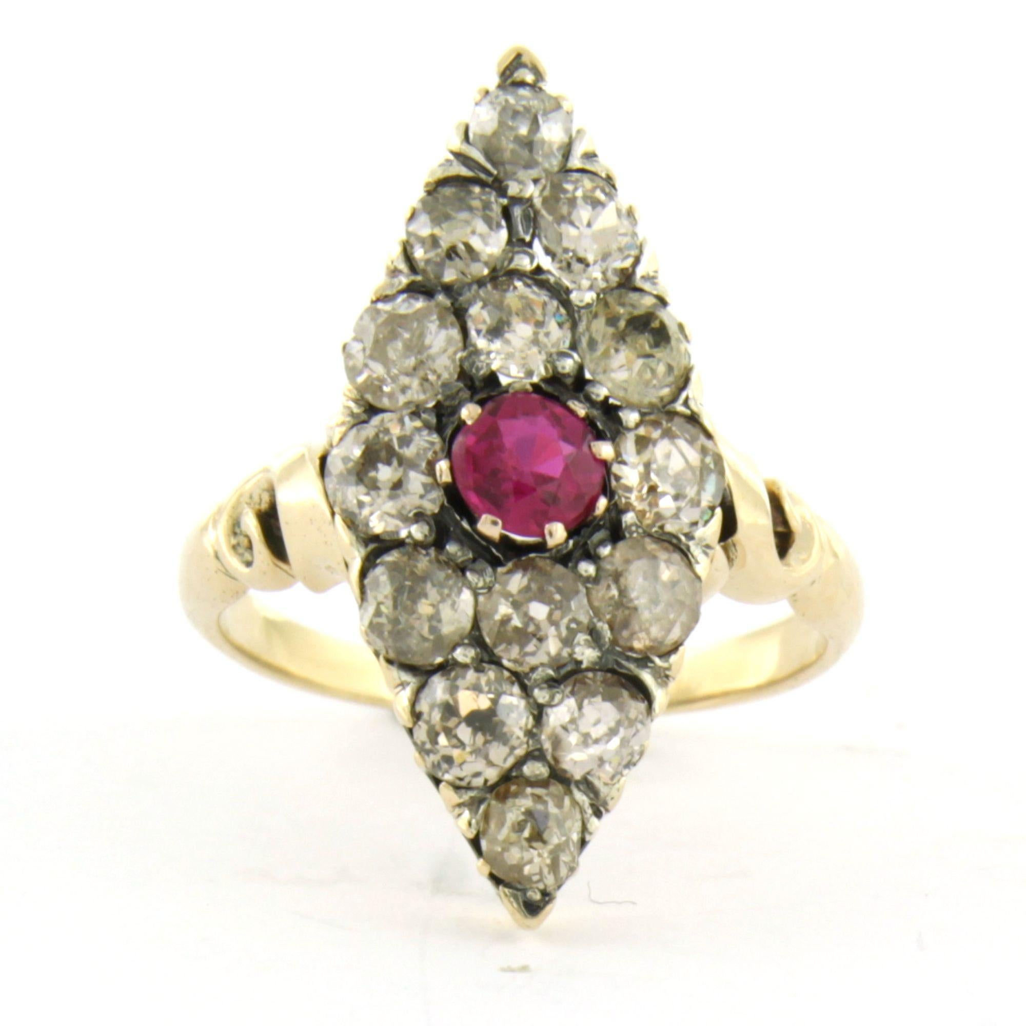 Victorian ring with ruby and old mine cut diamonds up to 1.20ct 14k gold For Sale 1