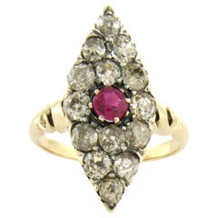 Anello vittoriano con rubino e diamanti taglio old mine fino a 1,20ct in oro 14k