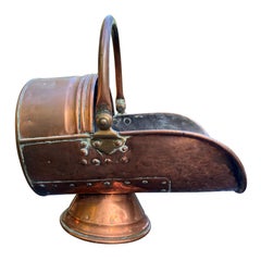 Victorian Riveted Copper Brass Coal Bucket with Handled Helmet, 19th Century
