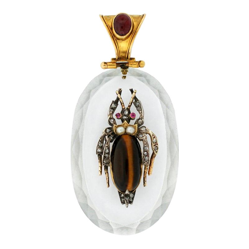 Victorian Rock Crystal, Diamond, Garnet and Tiger Eye Bug Pendant For Sale