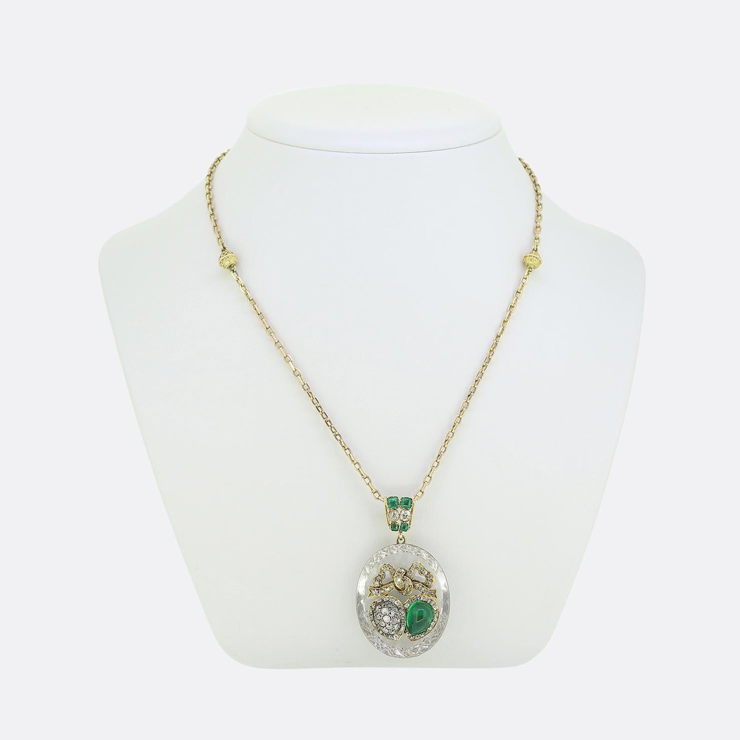 Here we have a rare to find necklace taken from the Victorian period. A large oval faceted colourless rock crystal sets the tone of piece acting as the backdrop for two stunning heart motifs; one is adorned with old cut diamonds and the other a