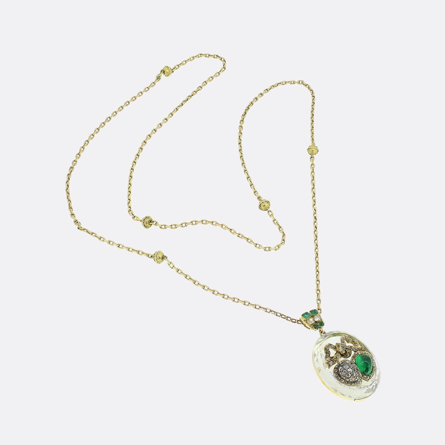 Victorian Rock Crystal Emerald and Diamond Double Heart Pendant Necklace In Good Condition For Sale In London, GB