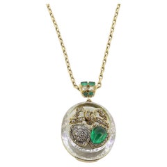 Antique Victorian Rock Crystal Emerald and Diamond Double Heart Pendant Necklace