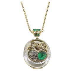 Antique Victorian Rock Crystal Emerald and Diamond Double Heart Pendant Necklace