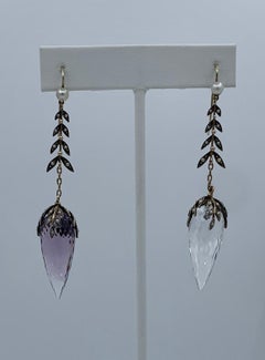 Victorian Three Inch Rock Crystal Pearl Dangle Drop Earrings Gold