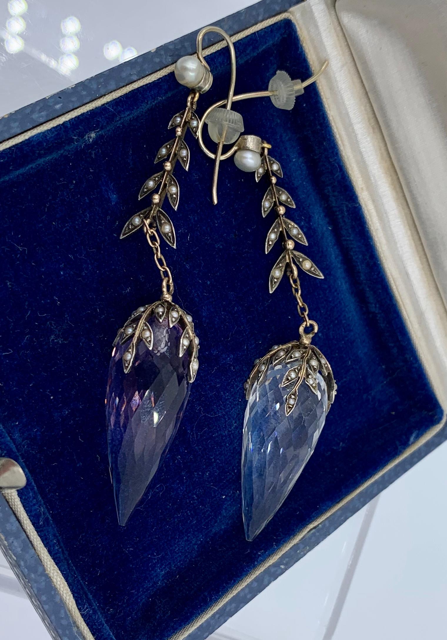 Victorian Three Inch Rock Crystal Pearl Dangle Drop Earrings Gold In Good Condition For Sale In New York, NY