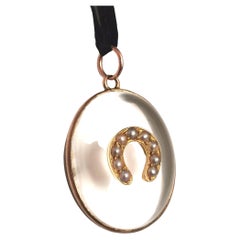 Antique Victorian Rock Crystal Pendant, Split Pearl Horseshoe, 9 Karat Yellow Gold