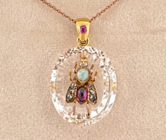 Victorian Rock Crystal Ruby Diamond Opal 18 Kt Gold Fly Pendant