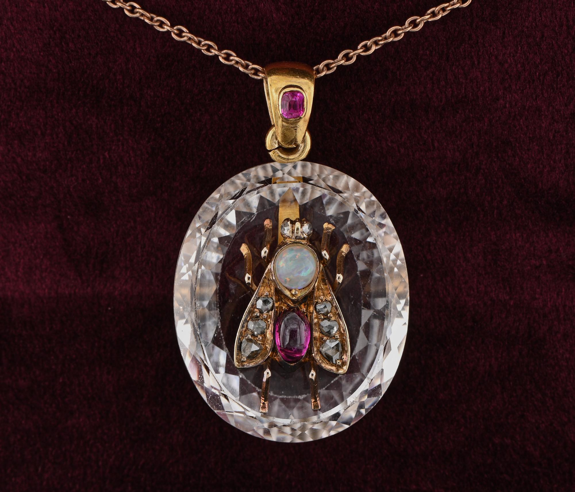 Oval Cut Victorian Rock Crystal Ruby Diamond Opal 18 Kt Gold Fly Pendant For Sale