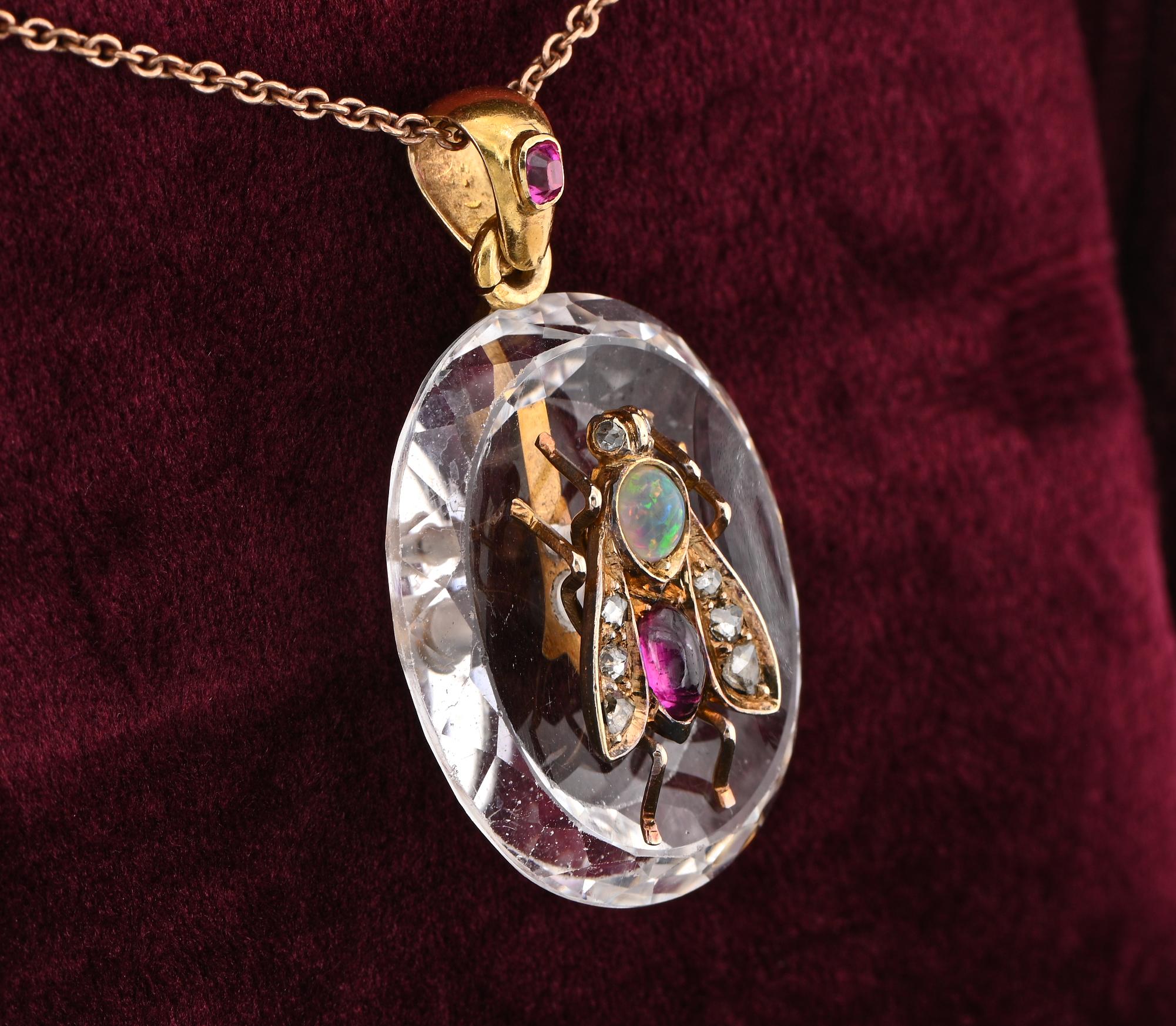 Women's or Men's Victorian Rock Crystal Ruby Diamond Opal 18 Kt Gold Fly Pendant For Sale