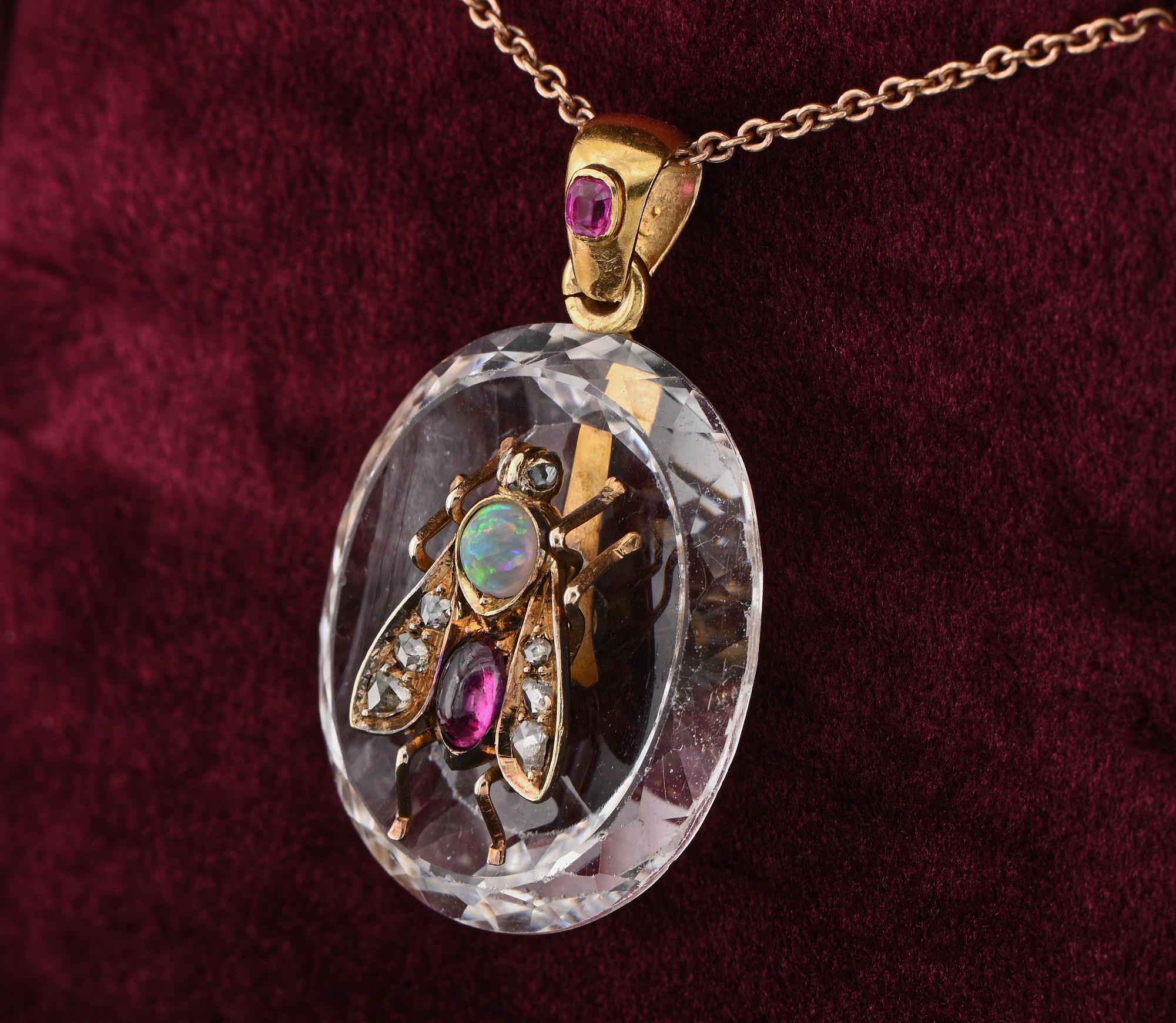 Victorian Rock Crystal Ruby Diamond Opal 18 Kt Gold Fly Pendant For Sale 2