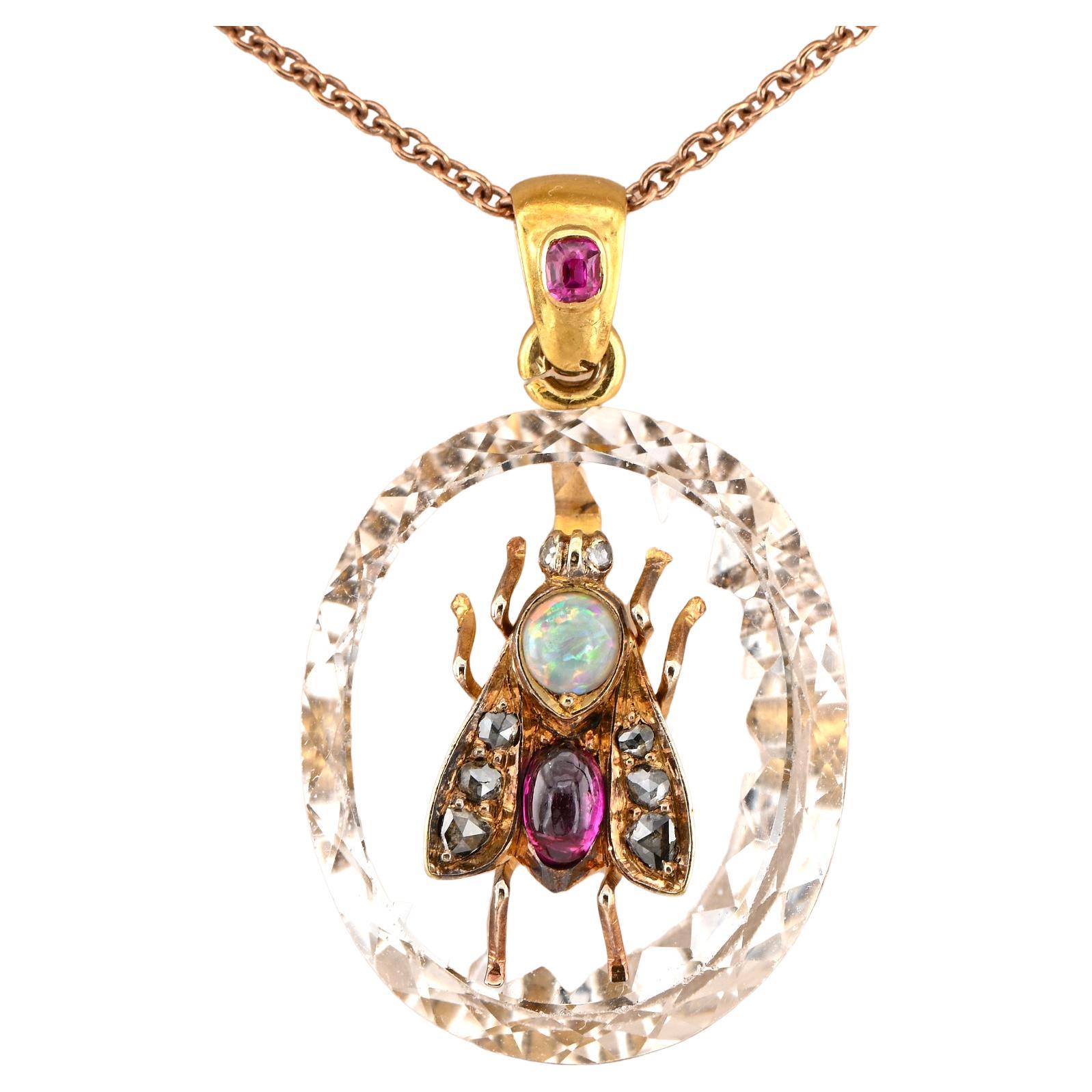 Victorian Rock Crystal Ruby Diamond Opal 18 Kt Gold Fly Pendant