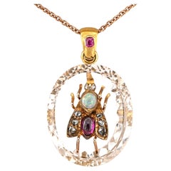 Pendentif Victorien Cristal de roche Rubis Diamant Opale Or 18 Kt Fly