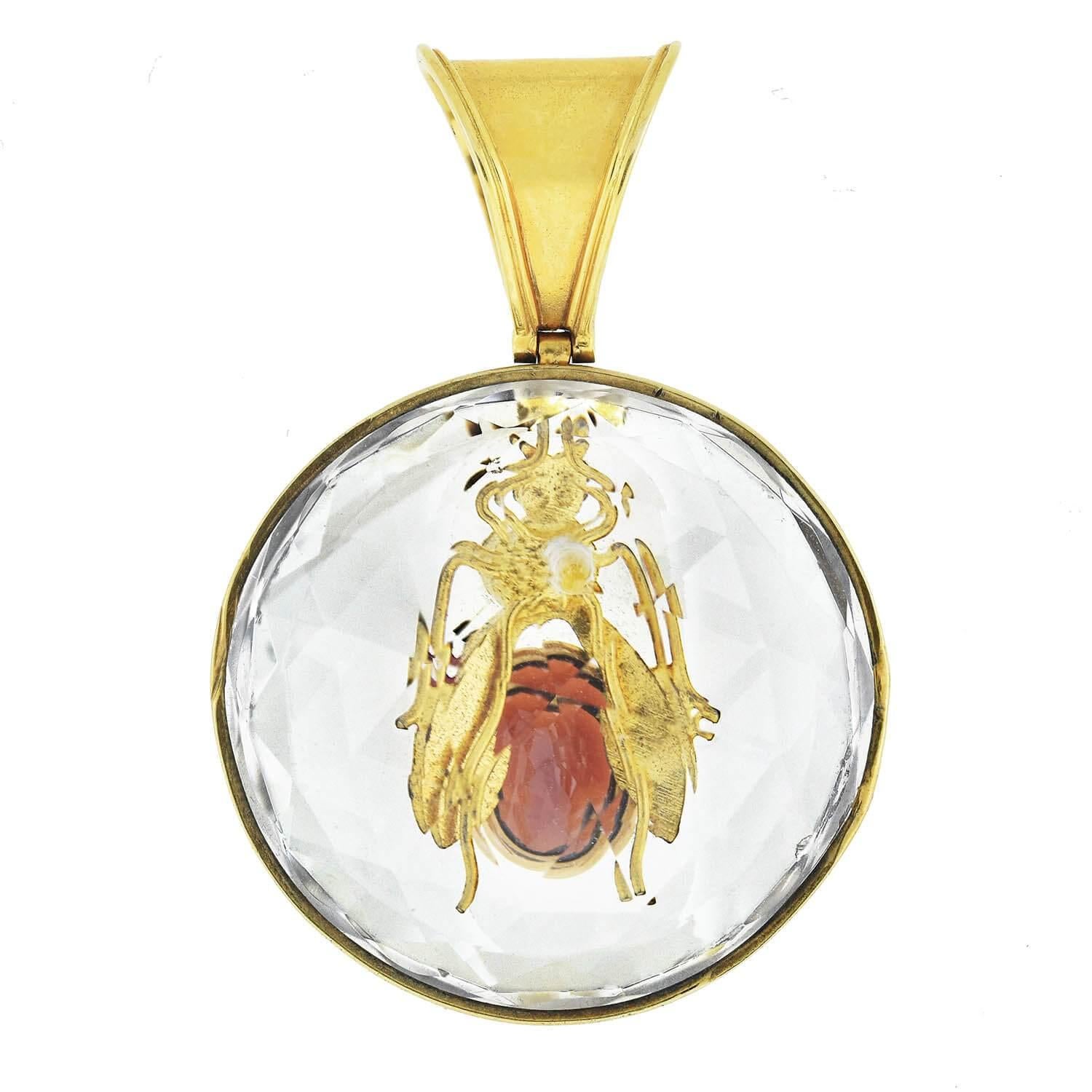 Women's Victorian Rock Crystal, Ruby, Garnet and Emerald Insect Pendant For Sale
