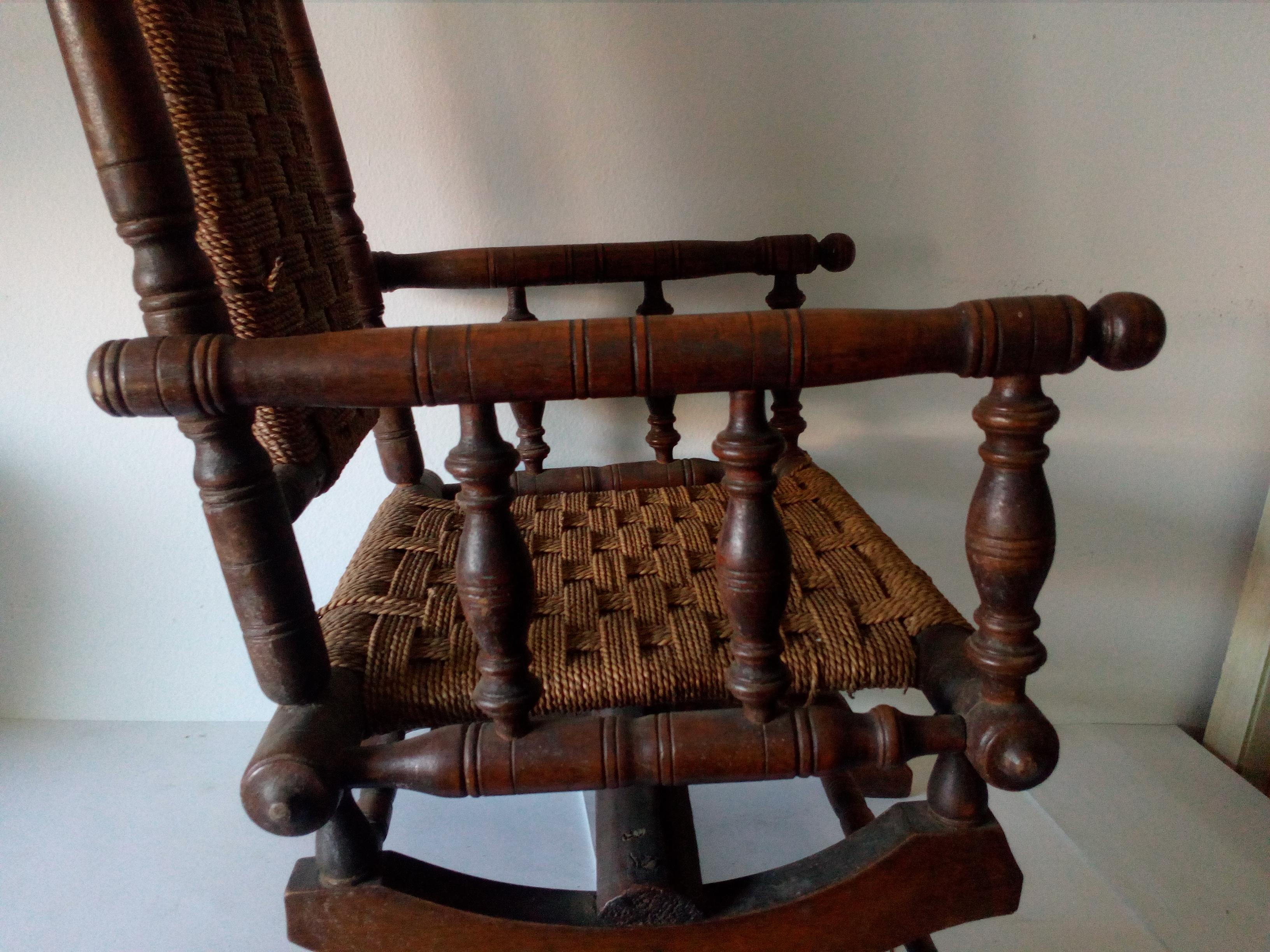 Victorian rocking baby armchair in Tudor taste, England, 1890.
Original iron mechanism, oak
Seat and back hemp worked, chess handwork
Measures: Height 72 cm
Width 43 cm
Depth 46 cm.