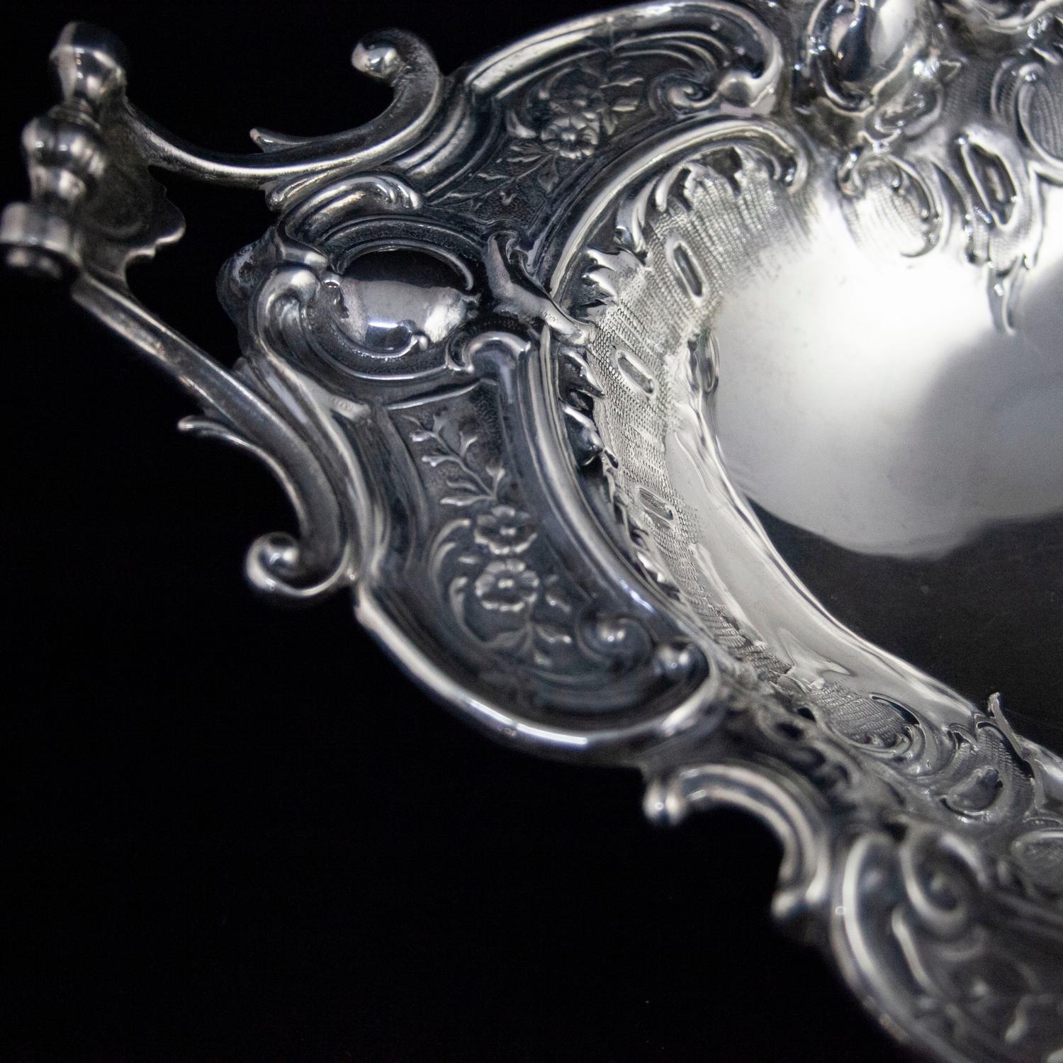 Silver Plate Victorian Rococo Repousse .800 Silver Footed and Double Handled Center Bowl