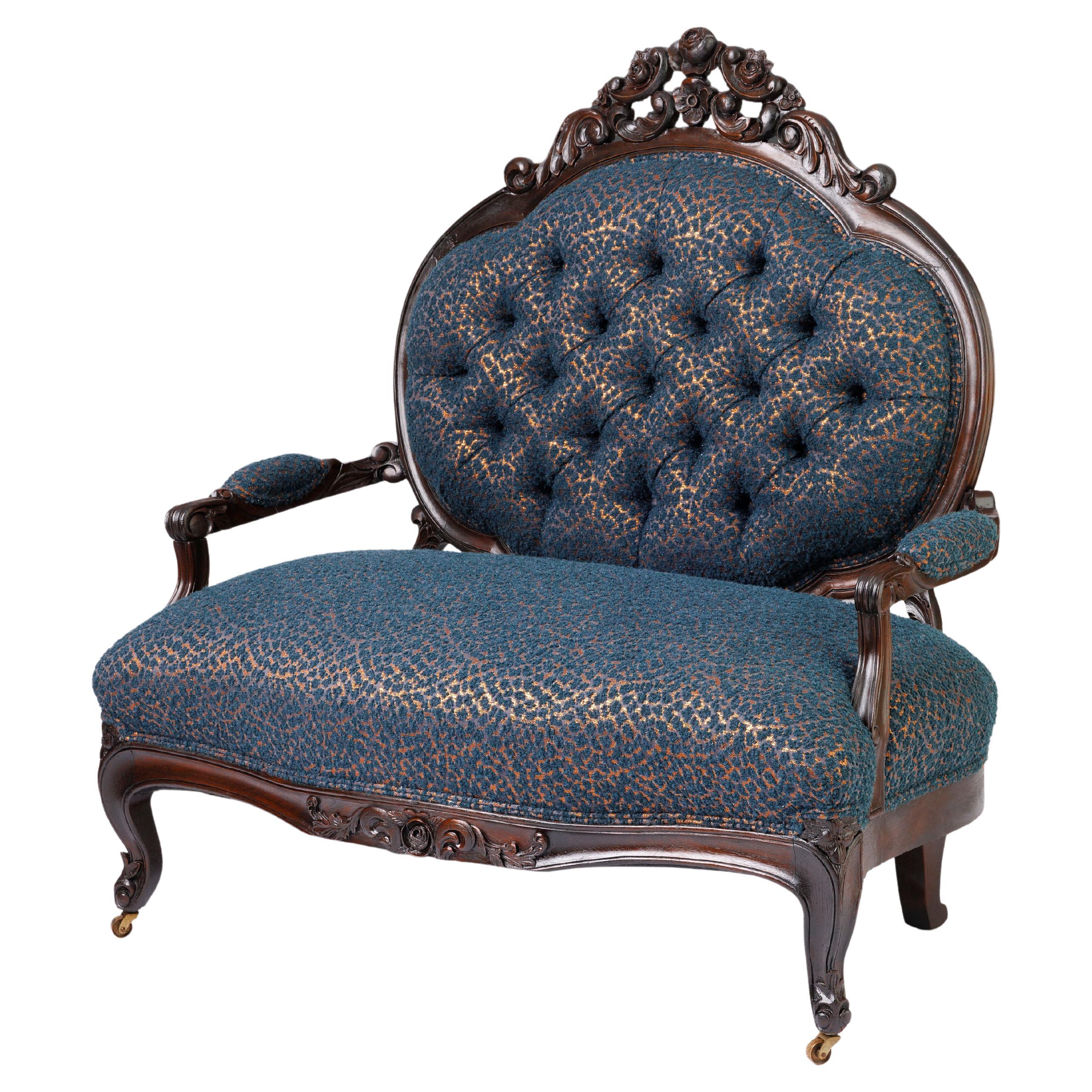 Antique Carved Victorian Settee, Temperley x Romo Boucle (The Midnight Leopard) For Sale