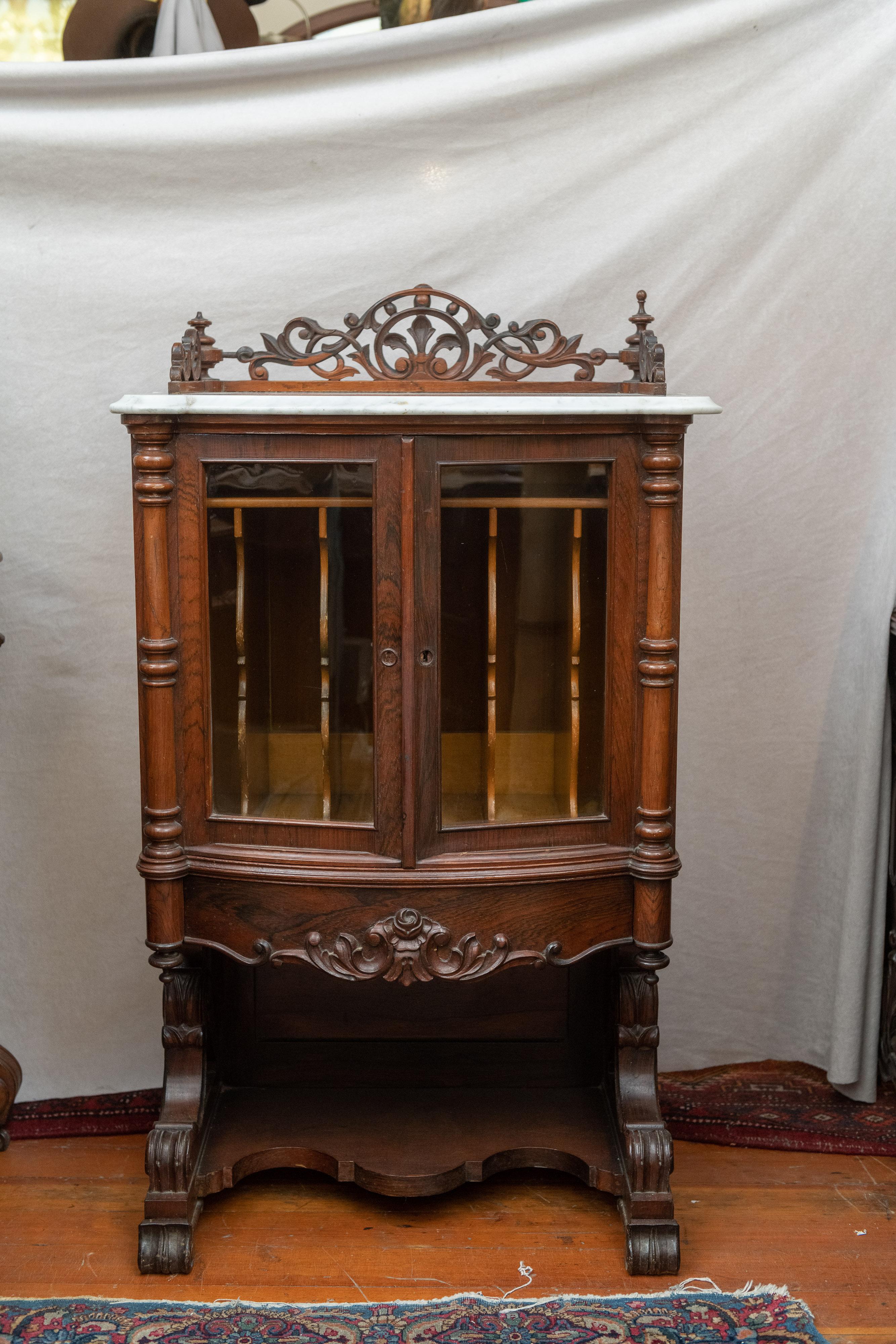American Victorian Rococo Rosewood and Marble Music Cabinet