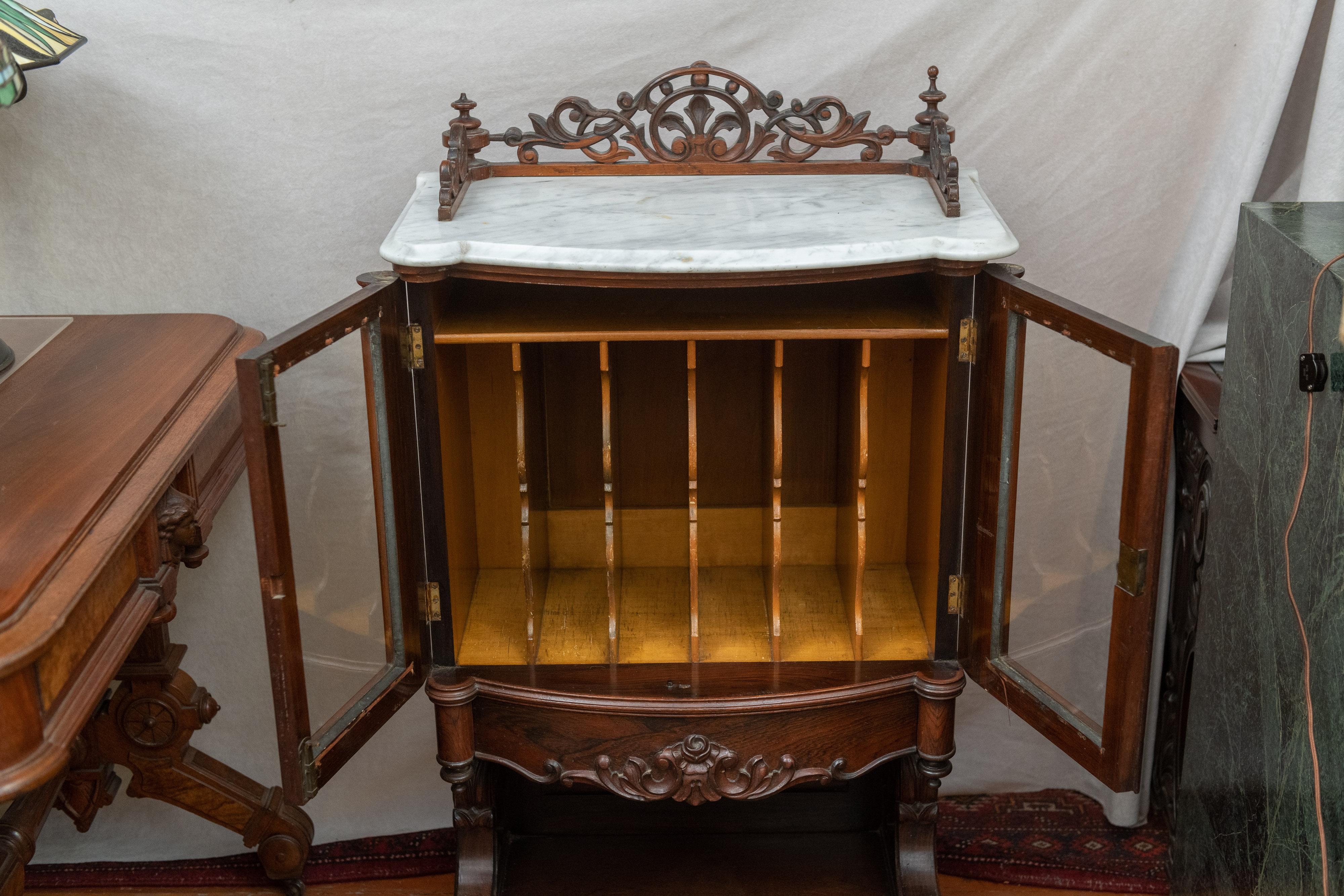 Victorian Rococo Rosewood and Marble Music Cabinet In Good Condition In Petaluma, CA