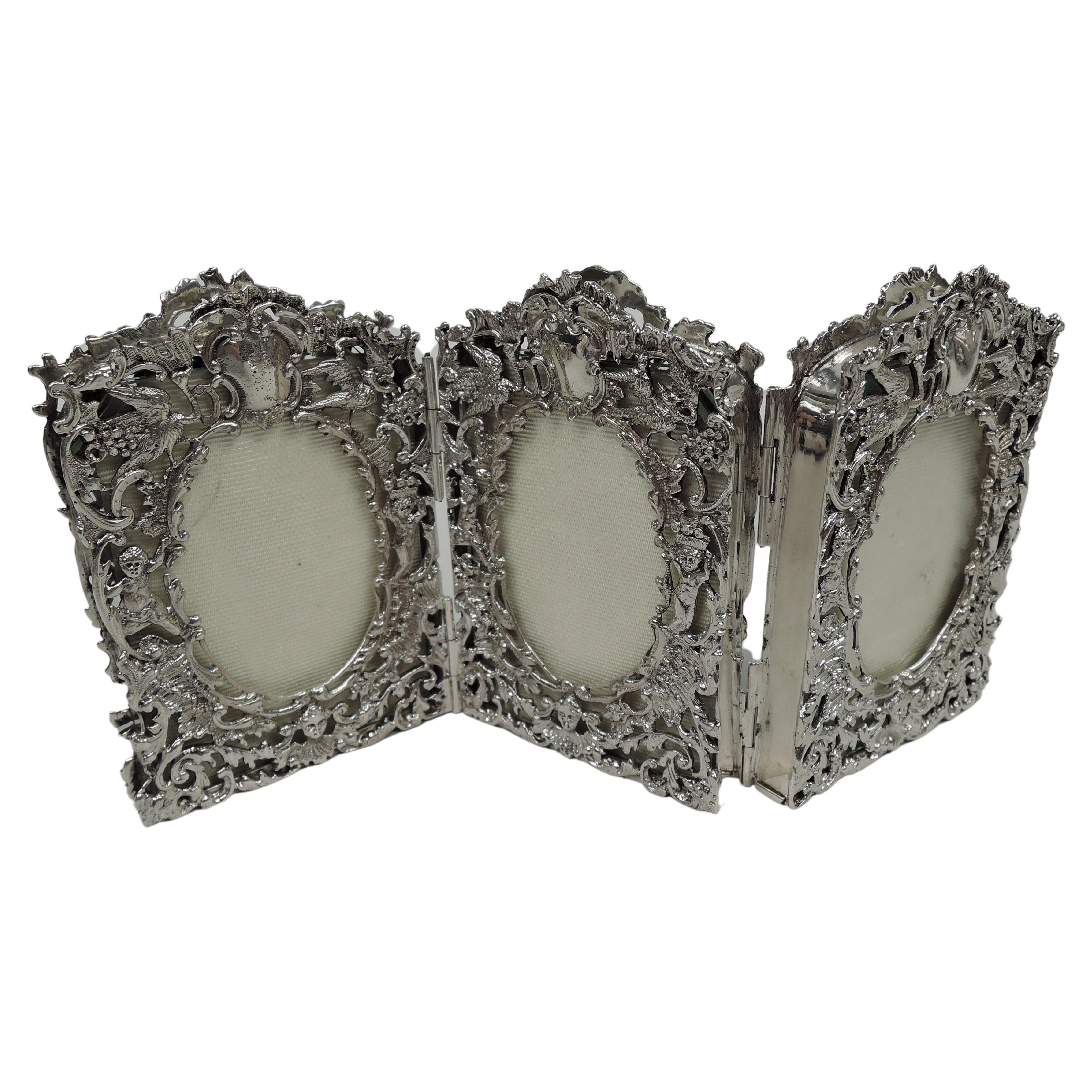 Victorian Rococo Sterling Silver Double-Sided Triptych Triple Frame